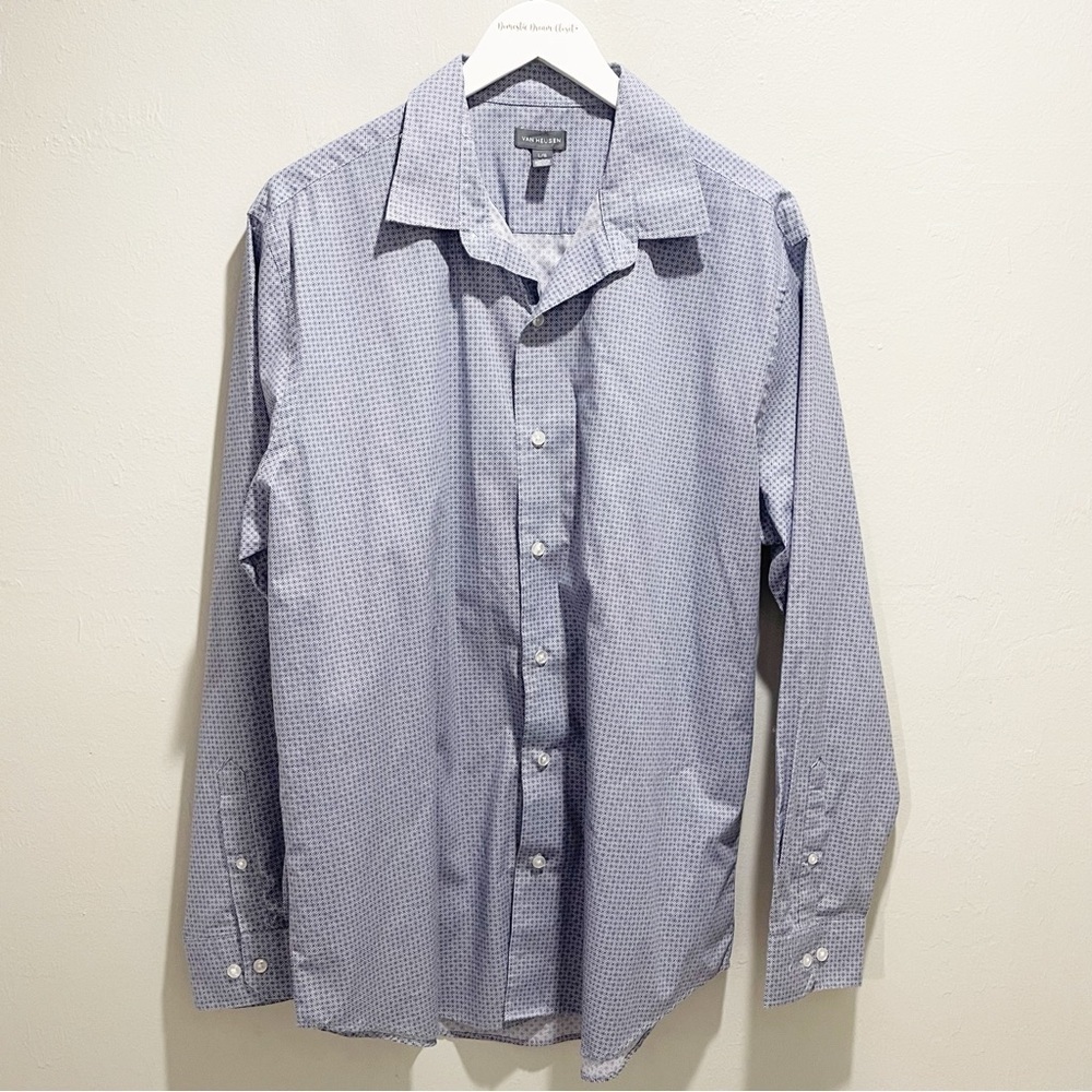 VAN HEUSEN Men’s Blue Geometric Print Long Sleeve Button Up Shirt Size Large